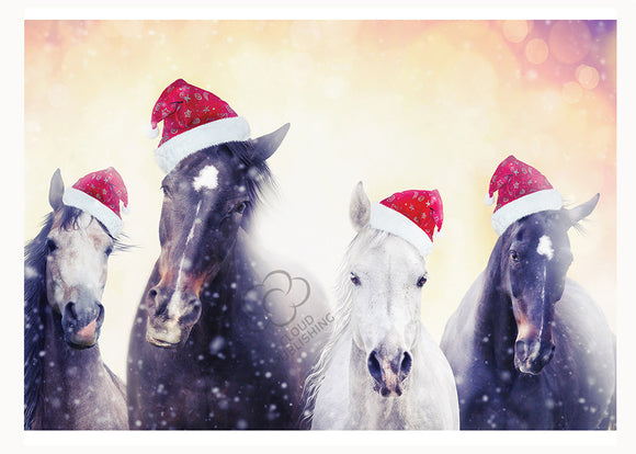 Christmas card of four horses with Santa Hats from Cloud Publishing