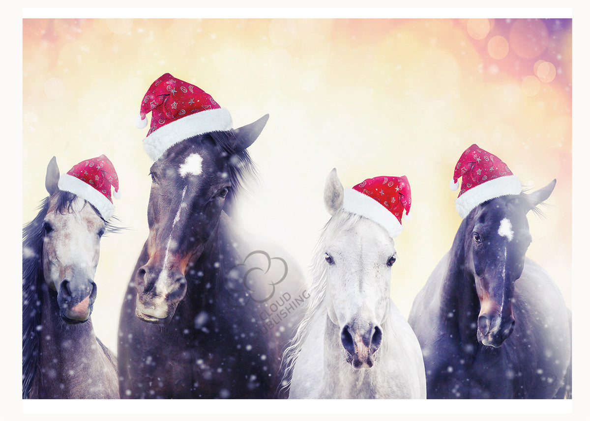 Christmas card. Yes horses with Santa hats Cloud Publishing