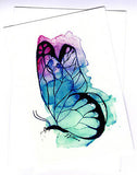 Butterfly greeting card in blue and mauve  from an original watercolor by Glenda Gilmore. Published by Cloud Publishing