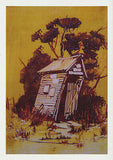 Greeting card of an Outhouse "Leaning to the Left" by artist PJ Hill and Cloud Publishing