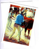 Greeting card of Wranglers at work bronco branding by PJ Hill and published by Cloud Publishing