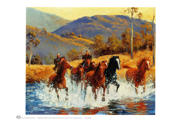 Wall art of brumby horse chase across the Snowy River in Australia by artist Peter Hill and published by Cloud Publishing