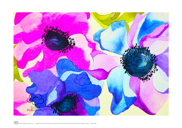 Blue Cerise flowers A3 unframed print by Nancy Soultanian and published by Cloud Publishing