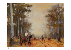 Cattle drove through the scrub A3 unframed print by Peter Hill published by Cloud Publishing.