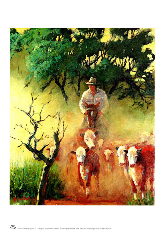 Stockman and Hereford cattle by Australian artist Peter Hill  and published by Cloud Publishing