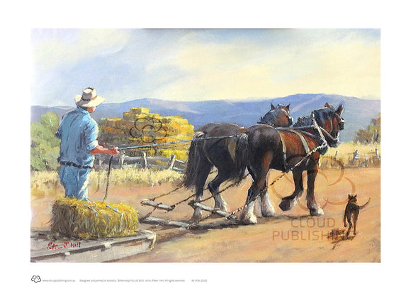 A3 unframed print of Haybales and Clydesdales by Australian artist Peter Hill published by Cloud Publishing