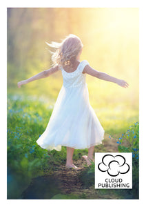 A greeting card of a young girl playing in the afternoon sun following a path with blue flowers on each side. Published by Cloud Publishing.