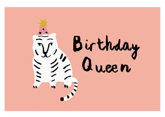 Birthday Queen White Tiger wearing a birthday hat on a pinkish background