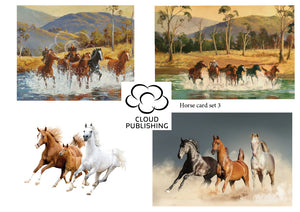 Four greeting card set of a mob of brumbies crossing the Snowy River and twp photographs of three horses running free published by Cloud Publishing