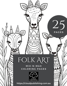 25 Folk Art coloring pages pdf digital download. Cloud Publishing.