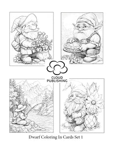 Set of four black and white greeting card for you to color in. This set is of four dwarves, eating, gardening, fishing and hiking. Published by Cloud Publishing.