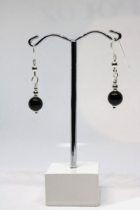 7mm Black Onyx sterling silver bead drop earrings