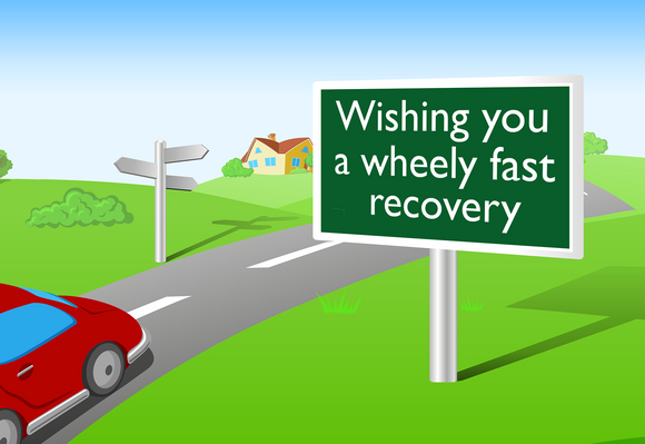 Wishing you a wheely fast recovery greeting card from Cloud Publishing.