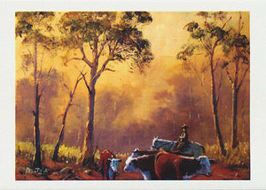 Resting the herefords under the sahde of gum trees back of Bourke by Australian artist peter Hill. Published as a card by Cloud Publishing