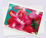 Zygocactus Strawberry Fantasy flowers mixed with real strawberries. Flower greeting card published by Cloud Publishing.