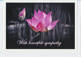 Greeting card of a mauve lotus flower with a message of heartfelt sympathy from Cloud Publishing