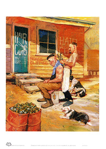 An Australian shearer giving a haircut in front of the shed with a pair of hand sheares. A couple of 44 gallon drum s full of empty tinnies and a dogs laying around. True Australiana by Australian artist Sima Kokaev and published by Cloud Publishing