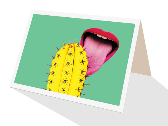 Tongue licking a yellow cacti greeting card. Ow! Humorous