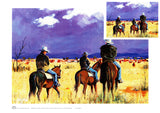 Cowboys viewing the mob of cattle in central Queensland by Australian artist Peter Hill and published as a n A3 print by Cloud Publishing