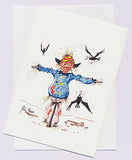 Greeting card of a Scarecrow titled "Go the Crows" by artist PJ Hill and published by Cloud Publishin