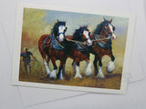 Clydesdale horse ploughing a field greeting card by Australian artist Peter Hill