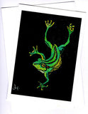 Greeting card of a Green and Yellow Frog by artist Jon Howarth and Cloud Publishing