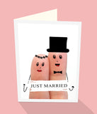 Just Married male female drawn on fingers wedding card.