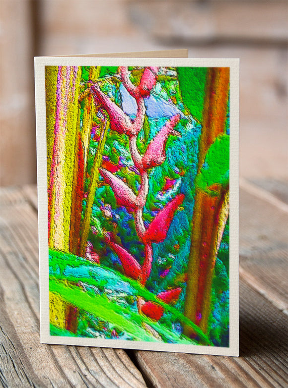 Red hanging heliconia greeting card illustralin by Asutralian artist Tony Brindley and published by Cloud Publishing