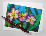 yellow pink frangipani flower trio amongst green leaves by Australian artist Tony Brindley and published as a greeting card by Cloud Publishing