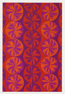 greeting card of palm trees using palm leaves in a repetitive circular design. Done in water colours artist Nancy Soultanian  replicates bands of colour in red, orange and purples.