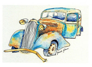 Classic car greeting card from a watercolour by Glenda Gilmore and published by Cloud Publishing