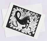 Hippocampus Greeting card of the mythical part horse and part fish black & white