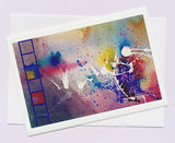 Greeting card abstract of a blue ladder and white shapes on a on background of coloured splashes of colour by artist Jon Howarth and Cloud Publishing