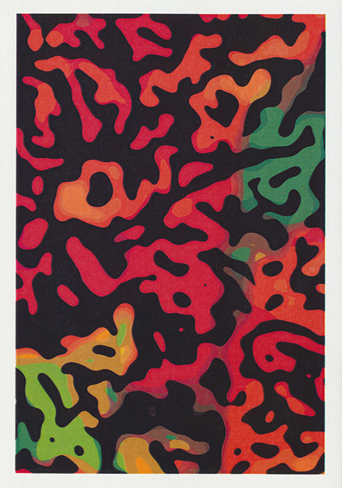abstract woodcut style design greeting card using reds, greens oranges and black in a woodcut style. By Autralian artist Tony Brindley and published by Cloud Publishing