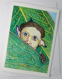 Australian bush creature greeting card hiding behind gum leaves by Jon Howarth and published by Cloud Publishing