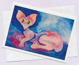 Pink cat greeting card of a hairless cat with big eyes by John Howarth and published by Cloud Publishing