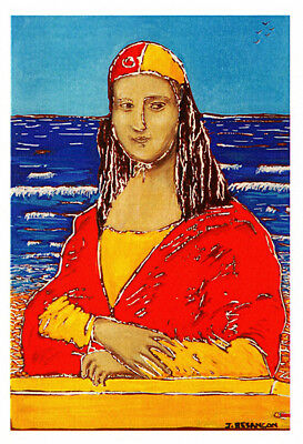 Surf life saving Mona Lisa greeting card by artist Janet Besancon