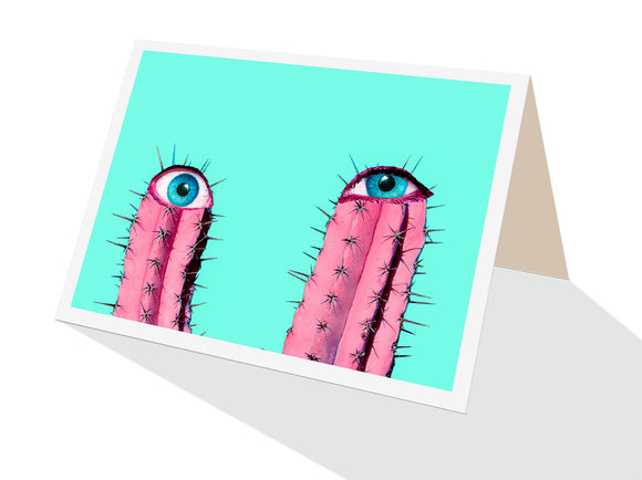 Pink cactus with blue eyeballs humorous greeting card from Cloud Publishing