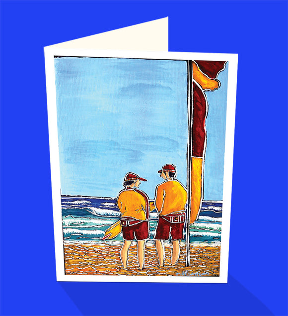 Surf life savers on patrol swim standing between the flags. An iconic greeting card from Cloud Publishing