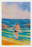 Greeting card of a bikini girl on the beach from an original watercolour by Nancy Soultani