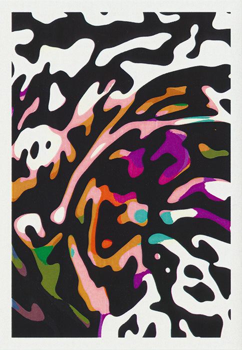 Abstract in a woodcut style Greeting Card using black and white as the central design and then adding splashes of colour