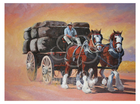 Farm horse greeting card of Clydesdales and wool wagon by Peter Hill