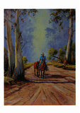 Greeting card of a Cowboy riding one and leading one by Australian artist Peter Hill and published by Cloud Publishing