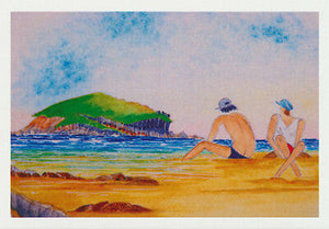 A couple of beachgoers sitting on a Sandy beach with groper Island floating in the Solitary Islands marine Park by Australian artist Nancy Soultanian and published by Cloud Publishing