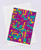 Greeting card abstract design in turquoise, yellow and purples shapes by Australian artist Nancy Soultanian and published by Cloud Publishing