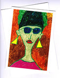 Madam is a portrait greeting card of  a no nonsense women with yellow triangle earrings, blue sun glasses and bright red lipstick by Australian artist Sally Pryor and published by Cloud Publishing