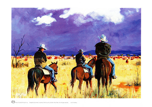Stockmen viewing the mob of cattle in central Queensland by Australian artist peter Hill and published as a n A3 print by Cloud Publishing