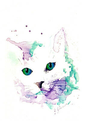 Cat greeting card in white purple and turquoise from an original watercolor by Glenda Gilmore and published by Cloud Publishing