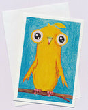 Greeting card of a yellow tweetie bird with big black eyes by artist Jon Howarth