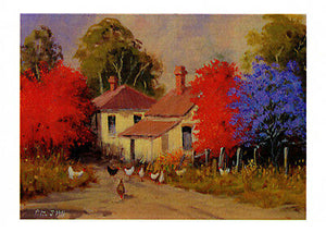 Free range chooks under Jacaranda and Flame Trees Grafton by Peter Hill and published by Cloud Publishing